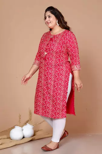 Womens plus size rayon pink bandhani printed straight kurti