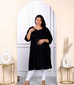 Womens plus size black embroidered and mirror work straight kurti