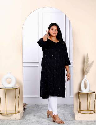 Womens plus size black embroidered and mirror work straight kurti 2