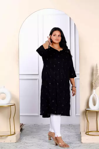 Womens plus size black embroidered and mirror work straight kurti