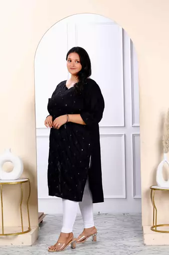 Womens plus size black embroidered and mirror work straight kurti