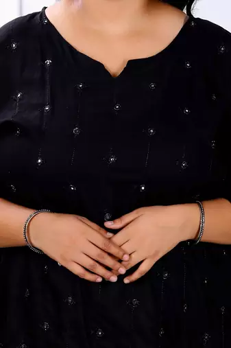 Womens plus size black embroidered and mirror work straight kurti