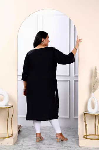 Womens plus size black embroidered and mirror work straight kurti