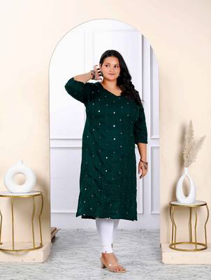 Womens plus size green embroidered and mirror work straight kurti 2
