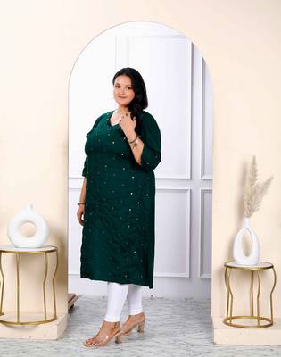 Womens plus size green embroidered and mirror work straight kurti 3