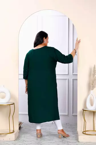 Womens plus size green embroidered and mirror work straight kurti