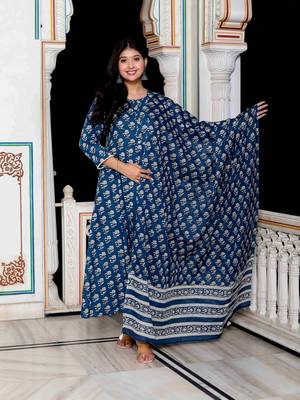 Womens blue cotton floral print anarkali kurta with dupatta 1
