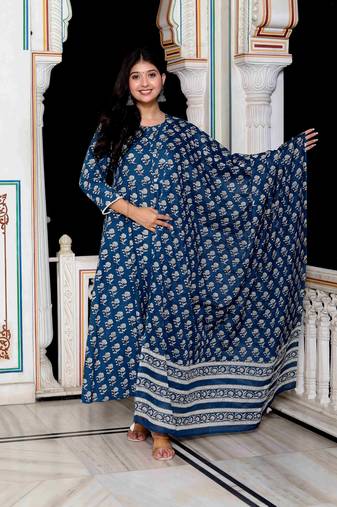 Womens blue cotton floral print anarkali kurta with dupatta