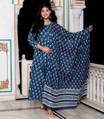 Womens blue cotton floral print anarkali kurta with dupatta