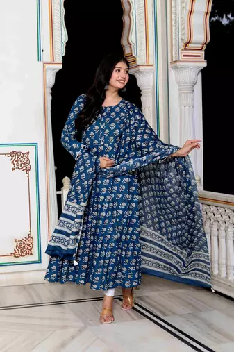 Womens blue cotton floral print anarkali kurta with dupatta