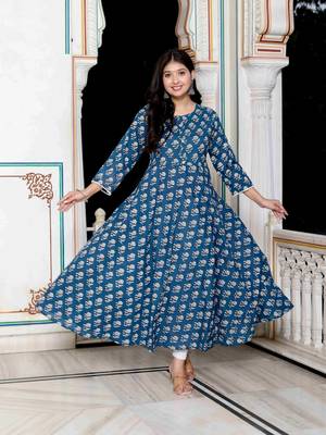 Womens cotton floral printed blue anarkali kurta 1