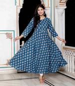 Womens cotton floral printed blue anarkali kurta