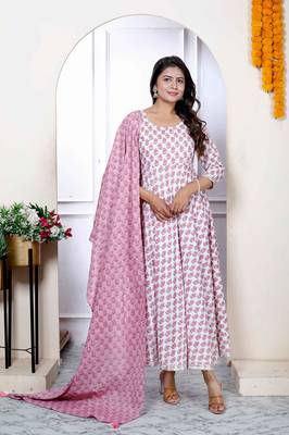 Women pure cotton printed pink anarkali kurta with dupatta set 1