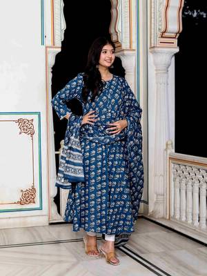 Womens blue cotton floral print anarkali kurta with dupatta 3