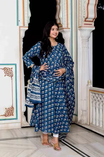 Womens blue cotton floral print anarkali kurta with dupatta