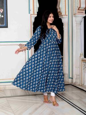 Womens cotton floral printed blue anarkali kurta 2