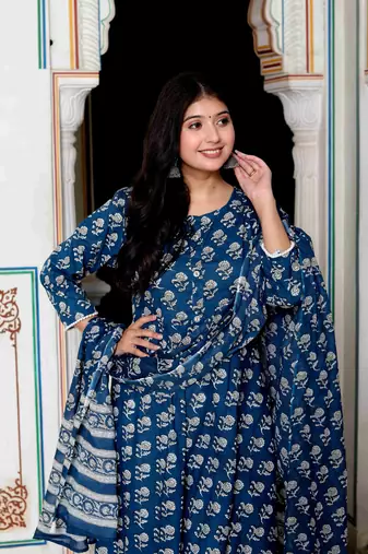 Womens blue cotton floral print anarkali kurta with dupatta