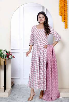 Women pure cotton printed pink anarkali kurta with dupatta set 5