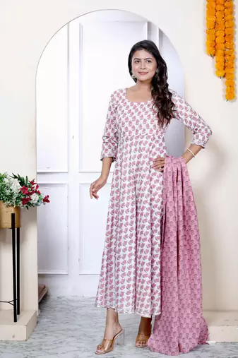 Women pure cotton printed pink anarkali kurta with dupatta set