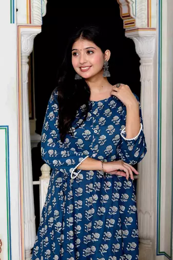 Womens cotton floral printed blue anarkali kurta