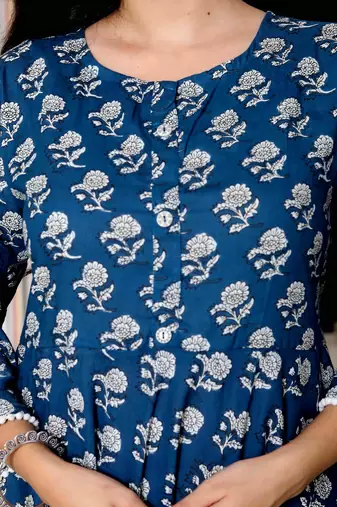 Womens cotton floral printed blue anarkali kurta