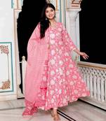 Womens pink cotton floral print anarkali kurta with dupatta