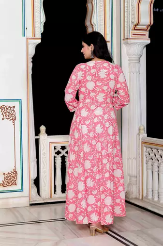 Womens pink cotton floral print anarkali kurta with dupatta