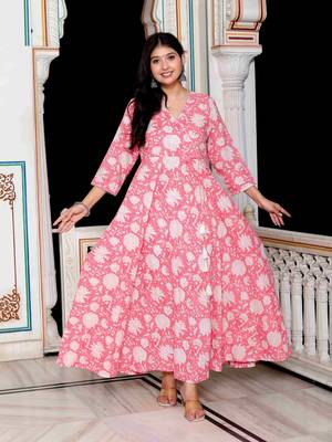 Womens pink cotton floral printed anarkali kurta 1