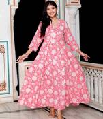 Womens pink cotton floral printed anarkali kurta