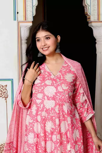 Womens pink cotton floral print anarkali kurta with dupatta