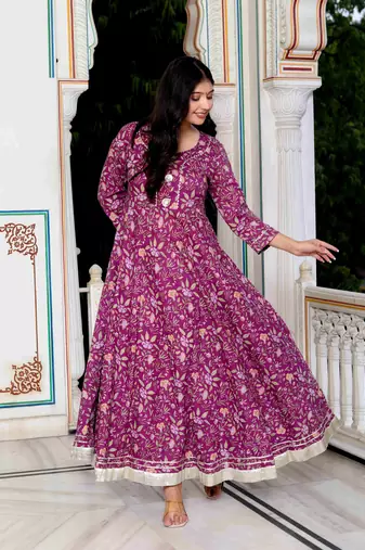 Womens cotton gotapatti and lace border details floral printed purple anarkali kurta