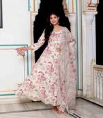 Womens light pink cotton birds and leaf floral printed anarkali kurta and dupatta set