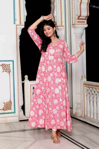 Womens pink cotton floral printed anarkali kurta
