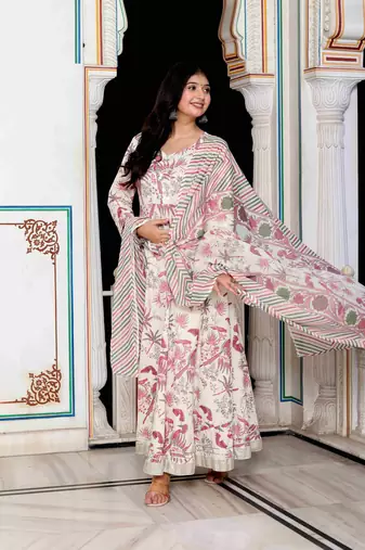 Womens light pink cotton birds and leaf floral printed anarkali kurta and dupatta set
