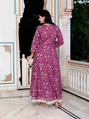 Womens cotton gotapatti and lace border details floral printed purple anarkali kurta 4