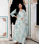 Womens light green birds and leaf floral printed anarkali kurta and dupatta set