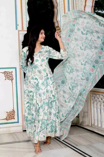 Womens light green birds and leaf floral printed anarkali kurta and dupatta set