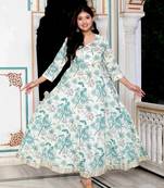 Womens light green cotton gotapatti and lace border birds and leaf anarkali kurta