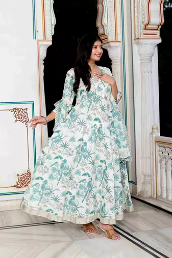Womens light green birds and leaf floral printed anarkali kurta and dupatta set