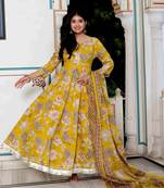 Womens cotton gotapatti and lace border yellow anarkali kurta and dupatta set