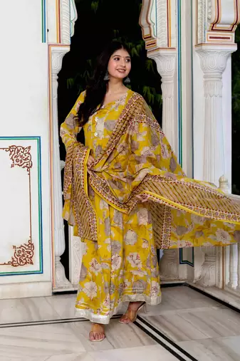 Womens cotton gotapatti and lace border yellow anarkali kurta and dupatta set