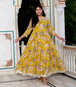 Womens cotton gotapatti and lace border details floral printed yellow anarkali kurta