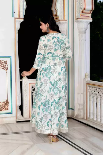 Womens light green cotton gotapatti and lace border birds and leaf anarkali kurta