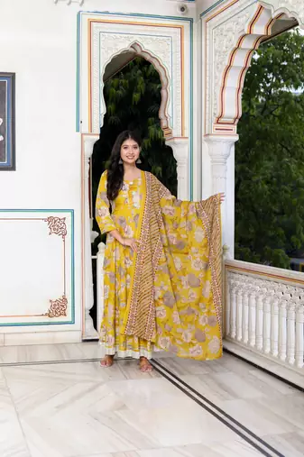 Womens cotton gotapatti and lace border yellow anarkali kurta and dupatta set