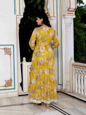 Womens cotton gotapatti and lace border details floral printed yellow anarkali kurta 4