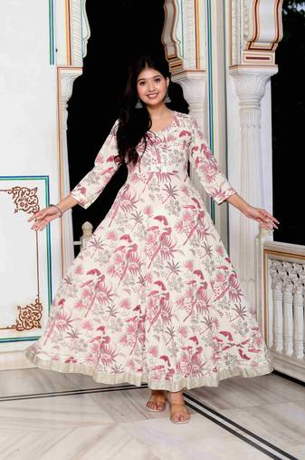 Womens light pink cotton gotapatti birds and leaf floral printed anarkali kurta