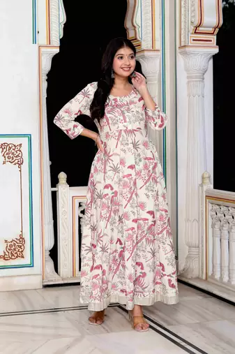 Womens light pink cotton gotapatti birds and leaf floral printed anarkali kurta