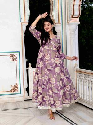 Womens purple flower printed with beautiful lace border details anarkali kurta 2