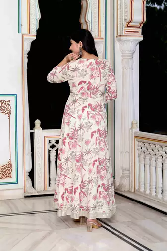 Womens light pink cotton gotapatti birds and leaf floral printed anarkali kurta