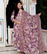 Womens purple flower printed with lace border anarkali kurta with dupatta set